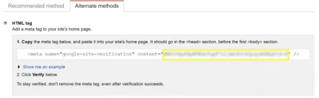 verify site using html tags