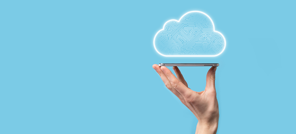 Understanding Cloud Hosting Services. A hand holds up a tablet, above which, a small digital cloud hovers