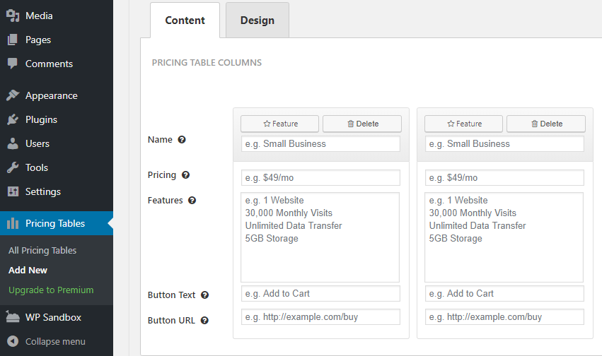 wordpress pricing table