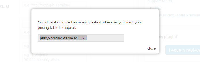 pricing table shortcode