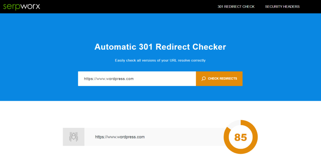 Screenshot of SerpWorx automatic redirect checker. Fix Err_too_many_redirects