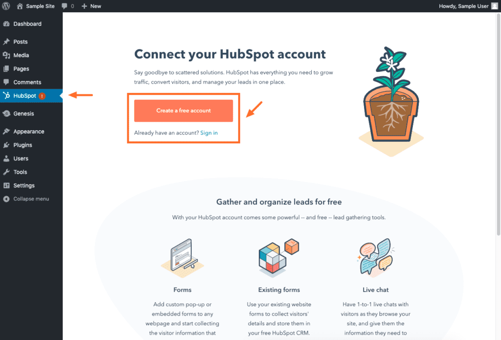 Creating an account inside WP Admin for HubSpot’s All-in-One Marketing plugin.