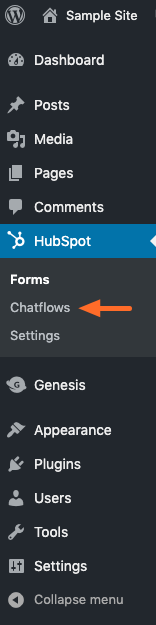 HubSpot’s All-in-One Marketing plugin Chatflows in WP Admin sidebar.