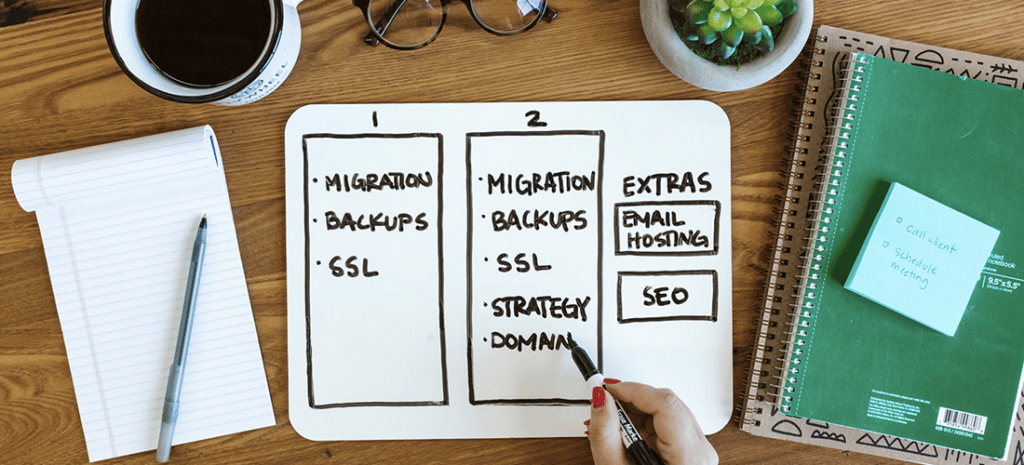 A professional diligently organizes a three-tiered WordPress maintenance plan at a workstation, highlighting the importance of regular WordPress maintenance. Other desk items include a coffee mug and a pile of Post-it notes, essential tools for any expert crafting personalized WordPress maintenance plans.