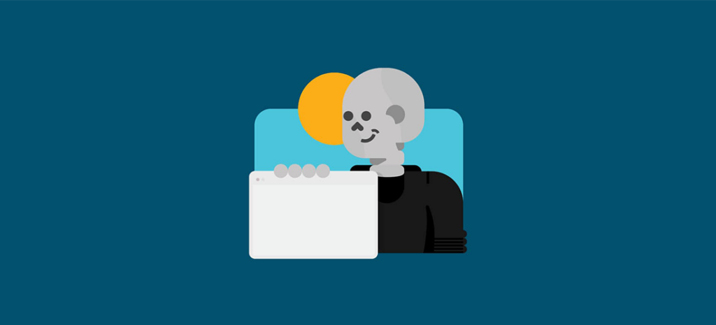 a cartoon ghoul holds a blank white web page while smiling