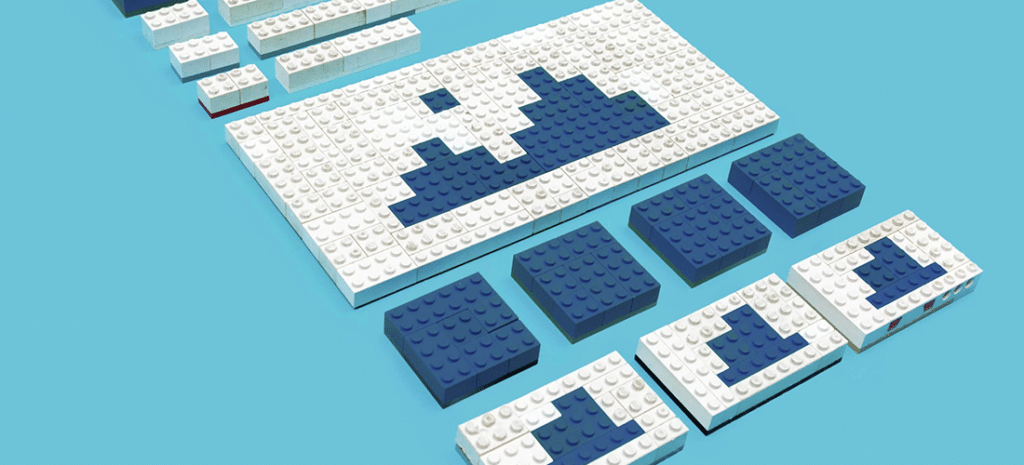 blue and white legos arranged to look like a mockup of a web page layout