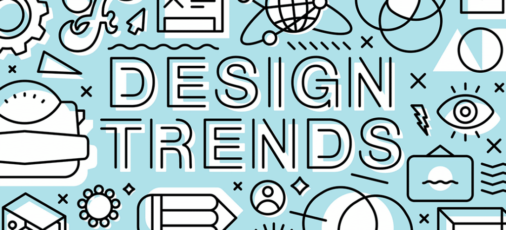 light blue image with multiple icons surrounding the words Design Trends