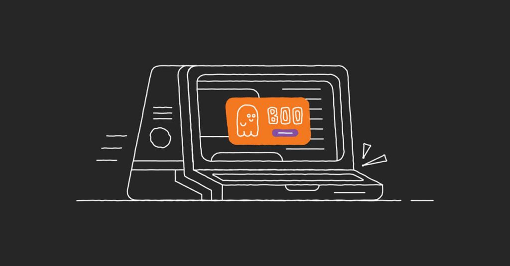 a computer icon with displaying an orange box that has a ghost icon and the word BOO inside, all on a black background