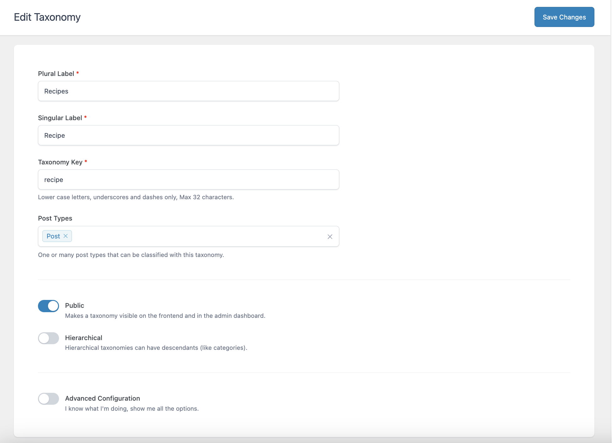 The Edit Taxonomy screen within the ACF plugin. The fields and toggle switches are as described in the text of the article. 