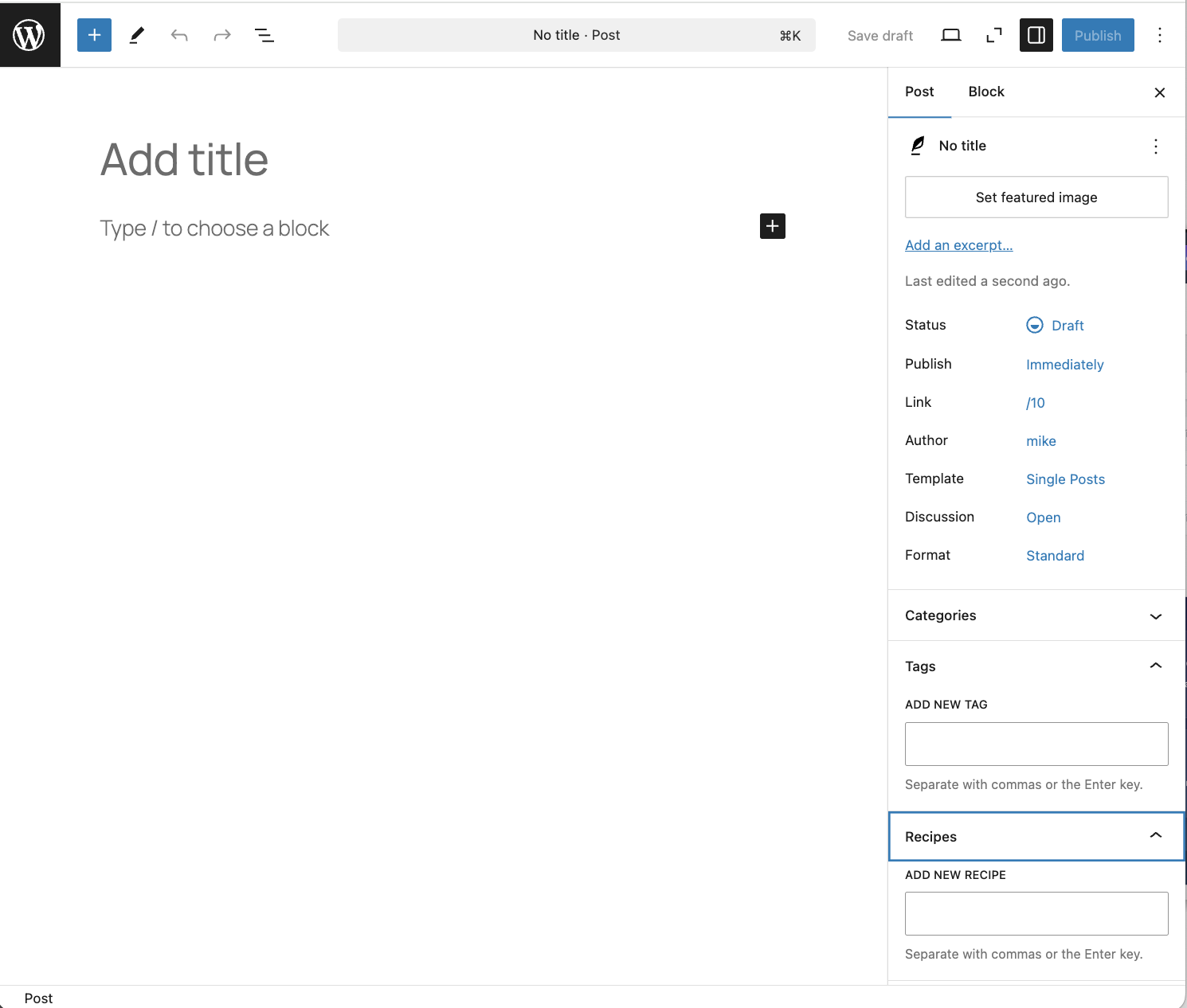 The WordPress post editor screen, showing the newly created "Recipes" taxonomy.