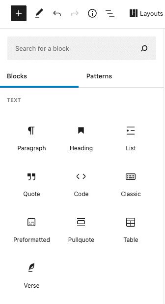 Screenshot of adding blocks in block editor