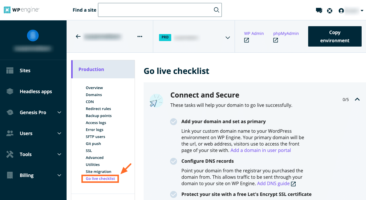 Screenshot of Go Live Checklist in User Portal