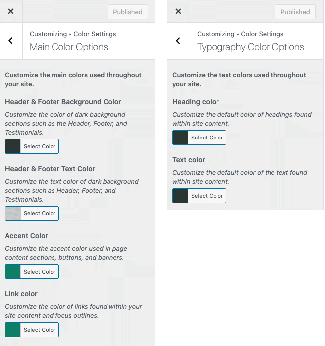 Screenshot of Main and Typography Color Options in the Customizer