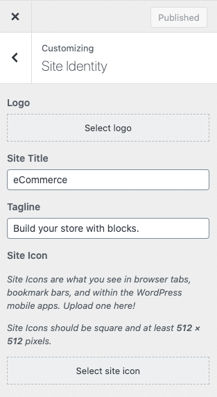 Screenshot of Site Identity settings in the Customizer