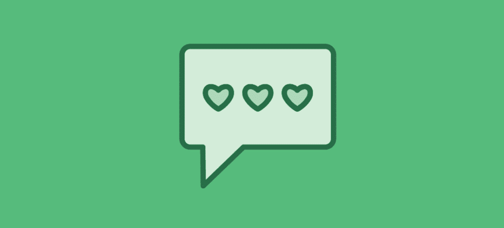 a green testimonial bubble icon with three green hearts inside