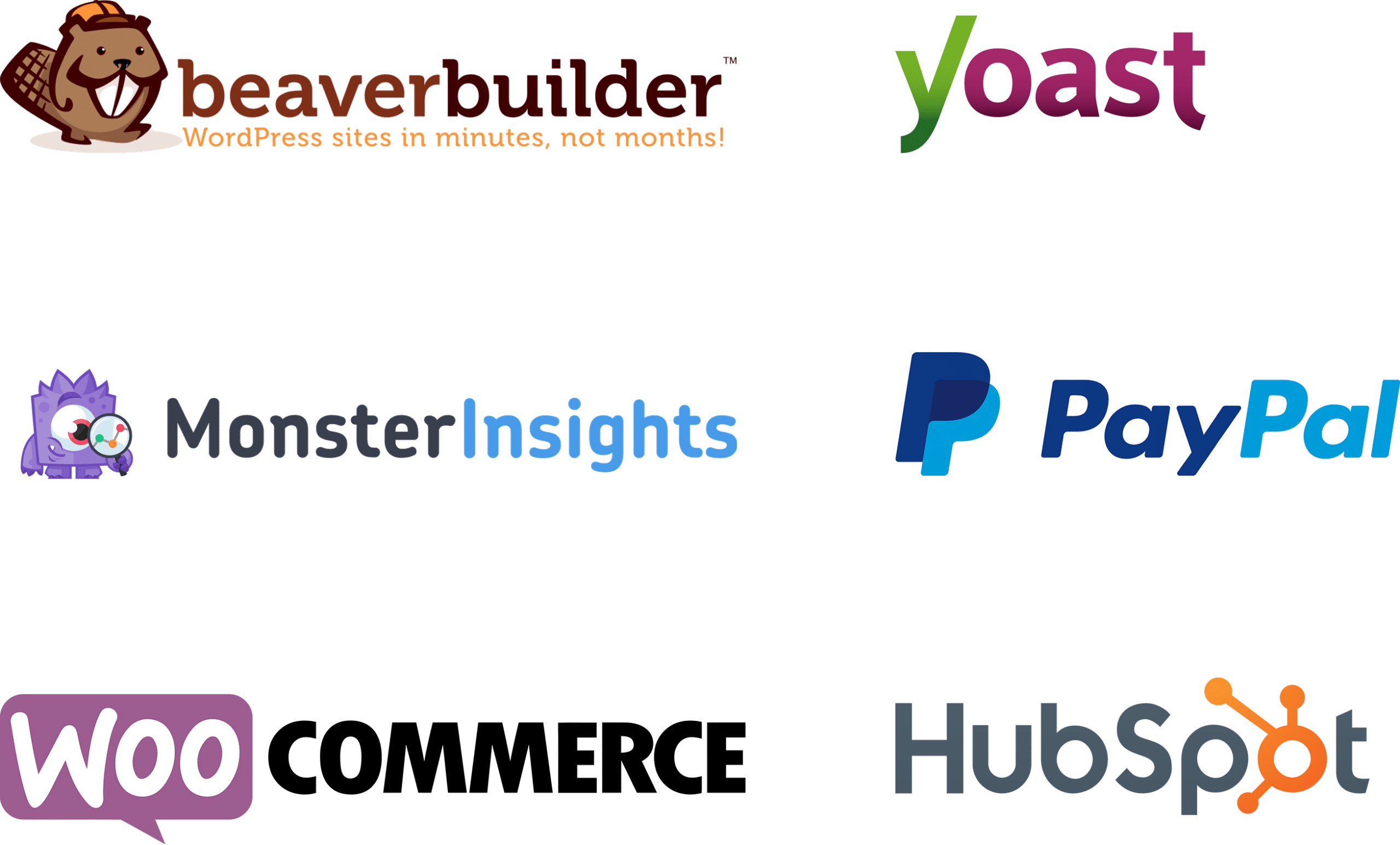 The logos of 6 of our favorite plugins: (from top left) Beaver Builder, Yoast SEO, Monster Insights, PayPal, WooCommerce, and HubSpot