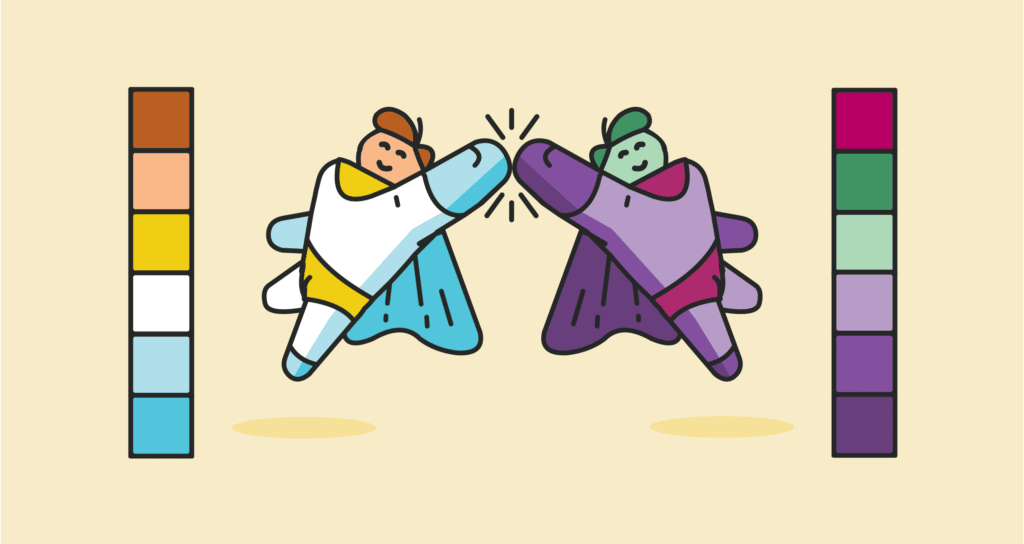 a cartoon man in a cape drawn with two different color palettes. one looks like a superhero wearing white and blue, while the other looks like a super villain wearing purple with green skin