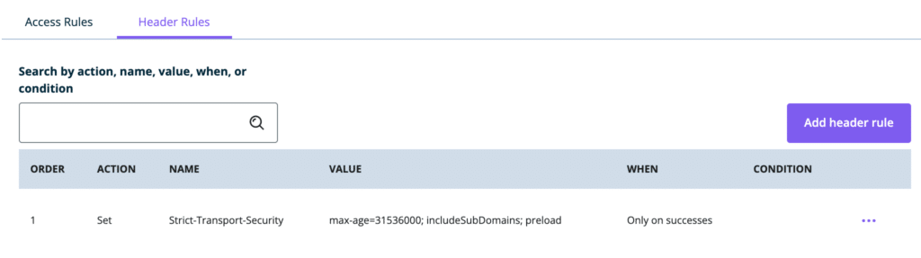 Screenshot of the Web Rules page in the WP Engine User Portal showing an example header rule