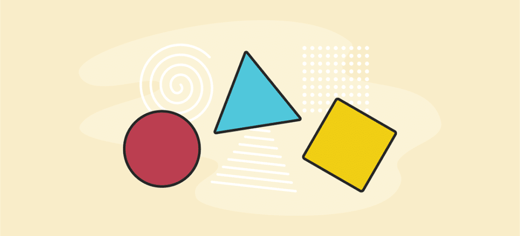 a red circle, a blue triangle, and a yellow square on a pale yellow background with different lines and spirals behind them