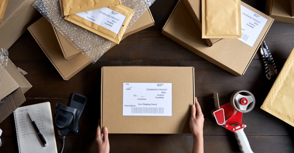 Pair of hands packing boxes for WooCommerce store