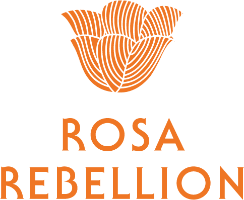 Orange Rosa Rebellion brandmark. A flower composed of linework sits atop the name Rosa Rebellion