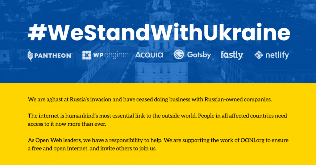 Blue and yellow image with the hashtag WeStandWithUkraine in the blue upper header and a short explanation of why WP Engine is ceasing business in Russia in the lower yellow section