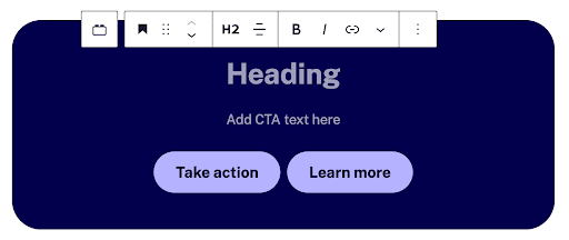 The Call to Action Block with the heading block selected.
