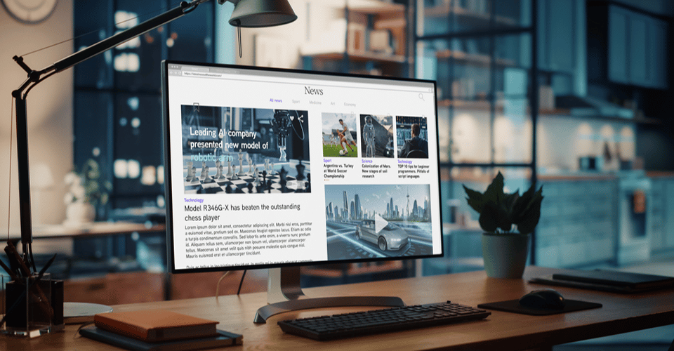 Computer on desk with clean website design on screen