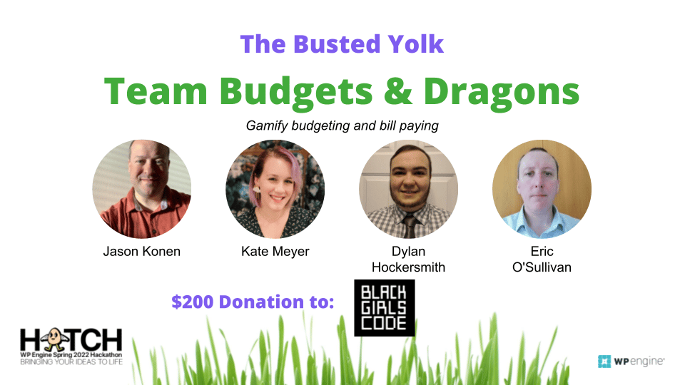 Graphic showcases members of team Budgets & Dragons with headshots. Team members include Jason Konen, Kate Meyer, Dylan Hockersmith, and Eric O'Sullivan
