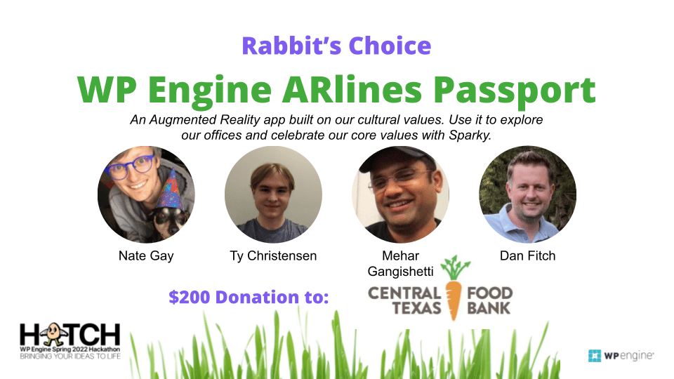Graphic showcases members of team WP Engine ARlines Passport with headshots. Team members include Nate Gay, Ty Christiensen, Mehar Gangishetti, and Dan Fitch