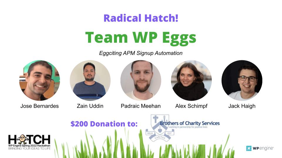 Graphic showcases members of team WP Eggs with headshots. Team members include Jose Bernardes, Zain Uddin, Padraic Meehan, Alex Schimpf, and Jack Haigh. 