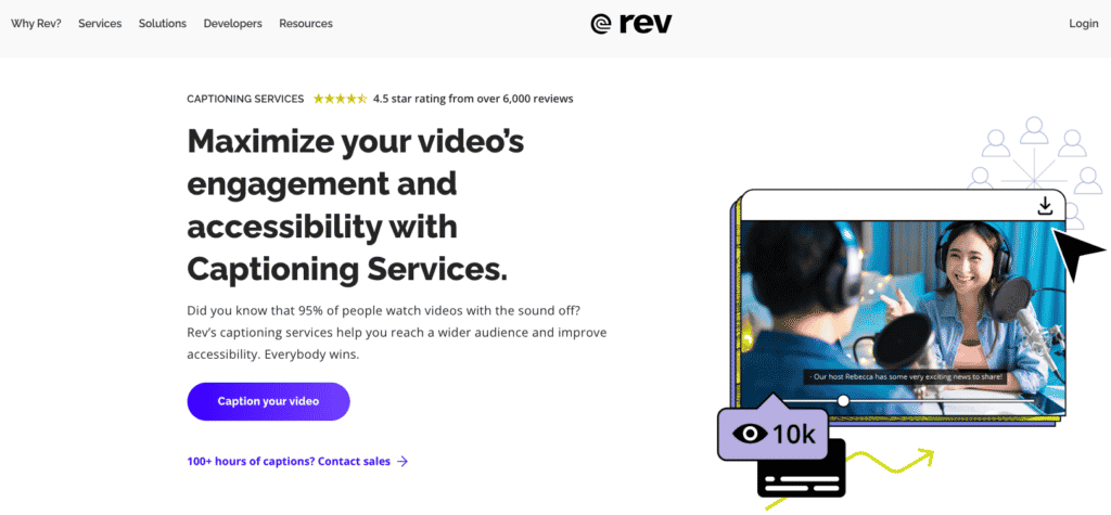 Rev.com screenshot of closed captioning service landing page