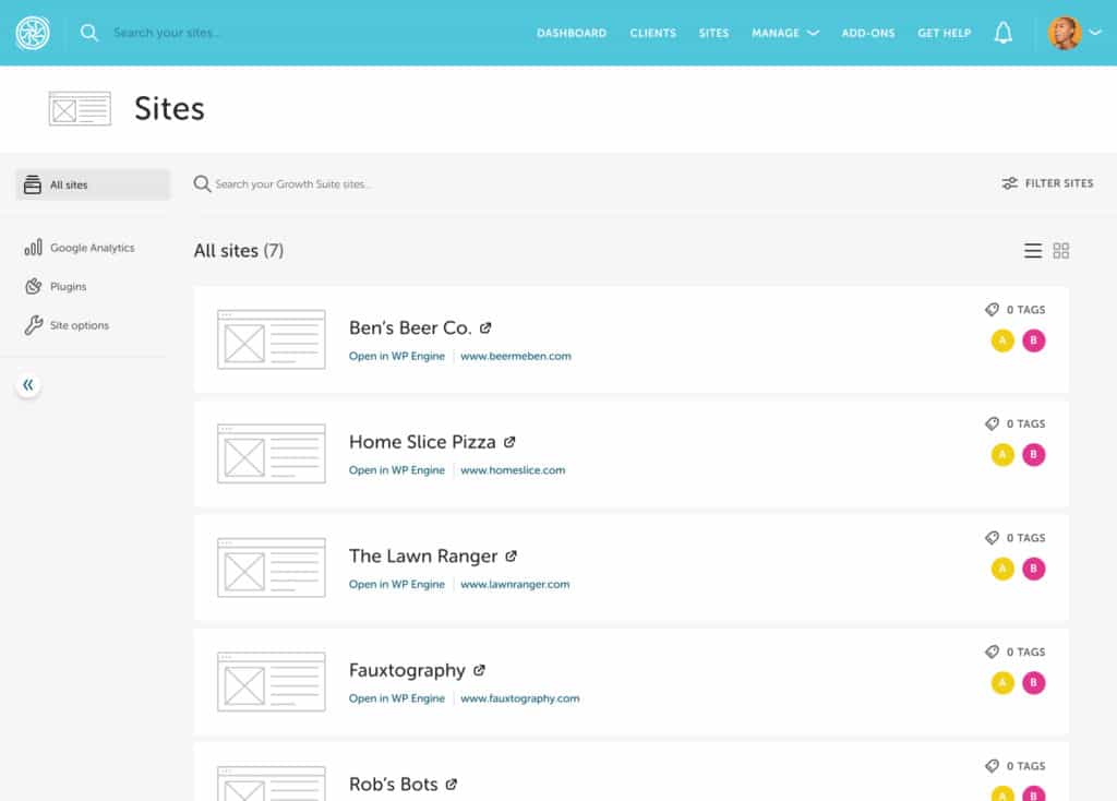 Screenshot of the Bulk Site Management page in Flywheel Growth Suite. The page is set to view All Sites, and 5 sites managed by the user are shown