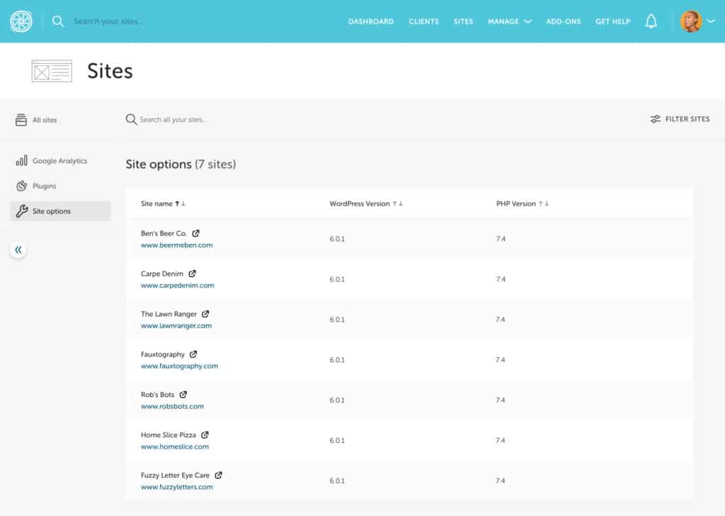 Screenshot of the Bulk Site Management page in Flywheel Growth Suite. The page is set to sort sites by site options