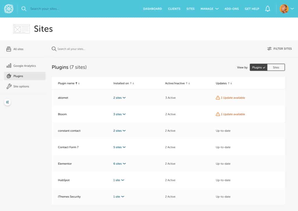 Screenshot of the Bulk Site Management page in Flywheel Growth Suite. The page is set to sort sites by plugin