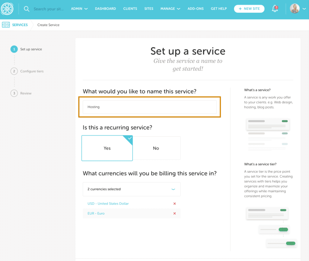 Screenshot from the Flywheel Growth Suite Service Creation tab that shows an agency setting up a service titled 