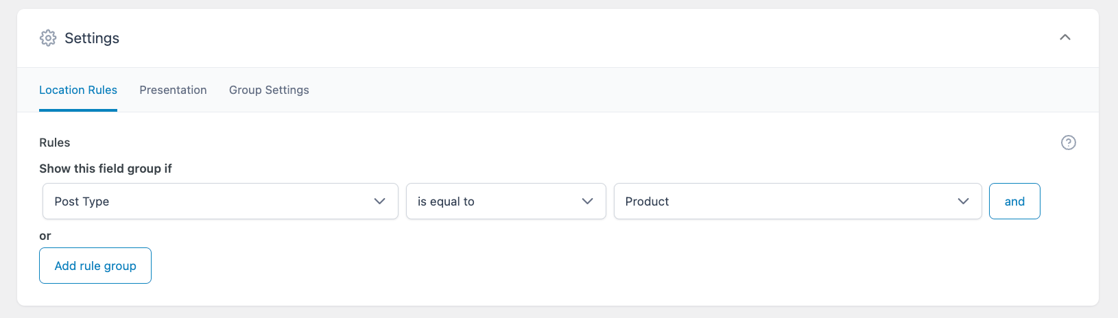 The Settings screen of ACF with the Location Rules tab showing. The other two tabs are Presentation and Group Settings. 