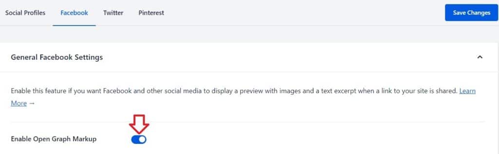 Social Networks tab opened. Under the Facebook section, the Enable Open Graph Markup option is toggled on
