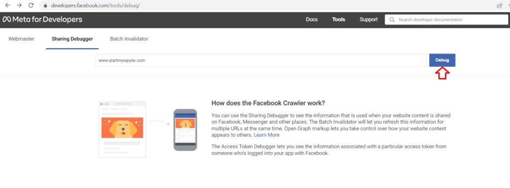 Meta for Developers page displaying the Sharing Debugger tab.