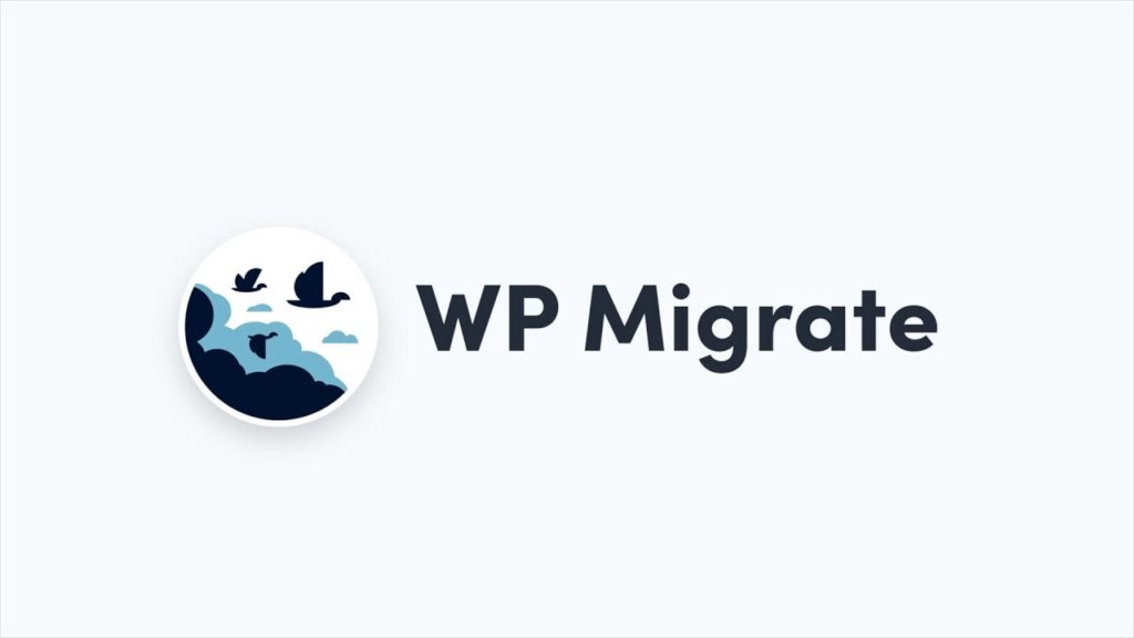 The WP Migrate logo on a white background. The icon to the left of the wordmark is circular, inside three birds fly among clouds as they migrate. To the right, the wordmark reads WP Migrate in sans-serif typeface