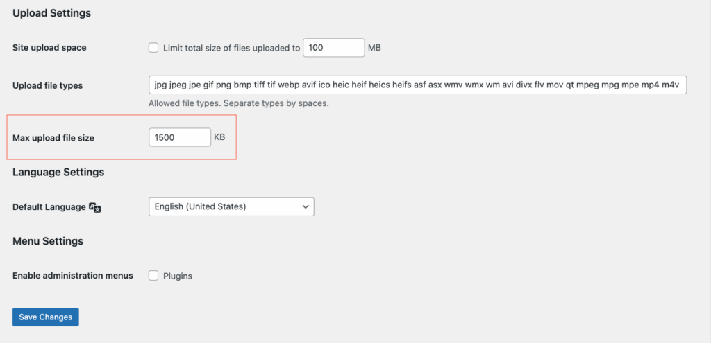 A screenshot of the "Upload Settings" section of the Settings tab in the WordPress Multisite Network Admin dashboard. 