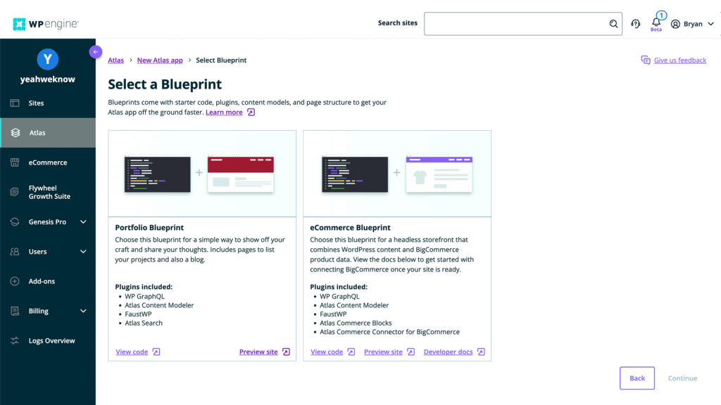 Atlas Blueprints dashboard