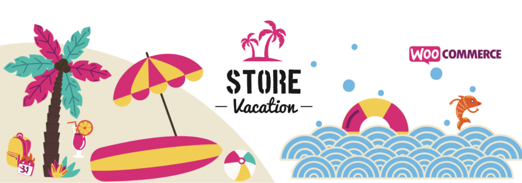 Hero image from the Woo Store Vacation download page. Image shows cartoon palm trees, a surfboard, a beach ball, an umbrella, a tropical drink, and a backpack on a beach next to the ocean in which a little shrimp is swimming