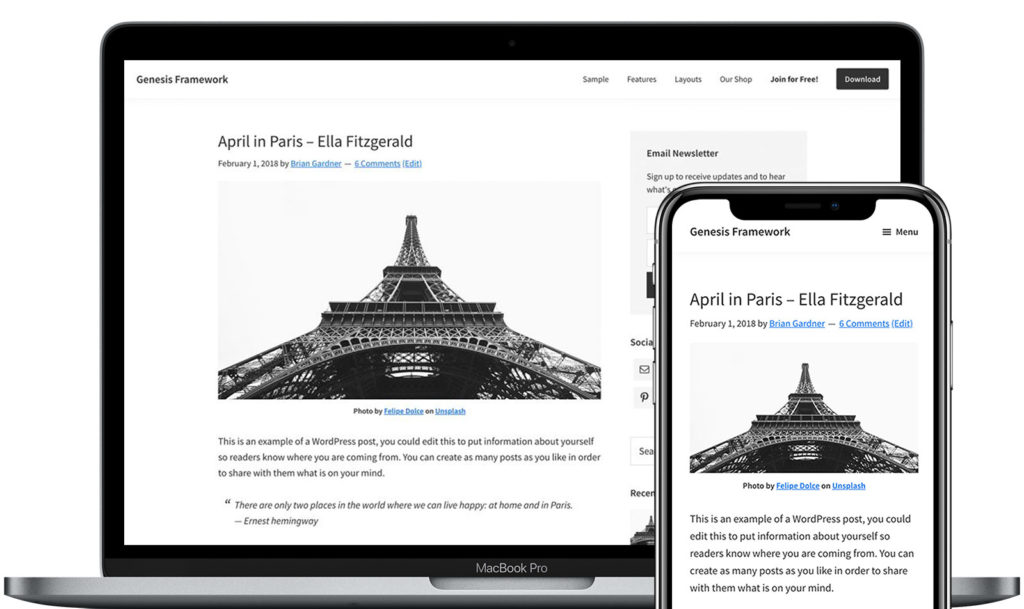 promotional image for the Genesis Framework which shows a post titled April in Paris - Ella Fitzgerald on both mobile and desktop