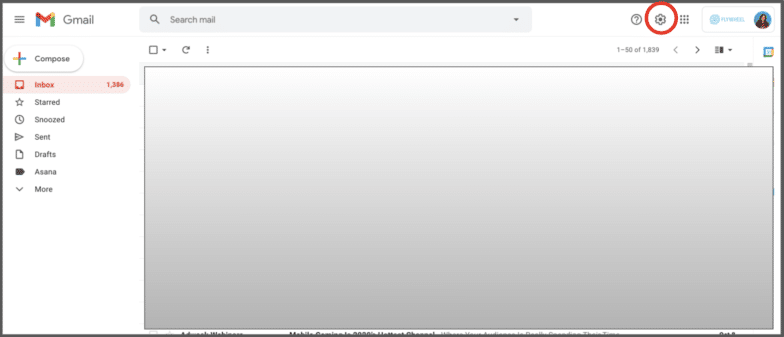 a screenshot of a Gmail inbox with a red circle around the Settings option