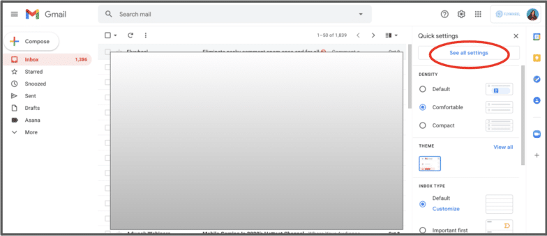 a screenshot of a Gmail inbox with a red circle around the See All Settings button