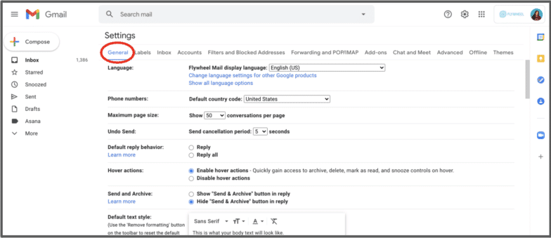 within the Settings of a Gmail inbox, a red circle around the General settings option