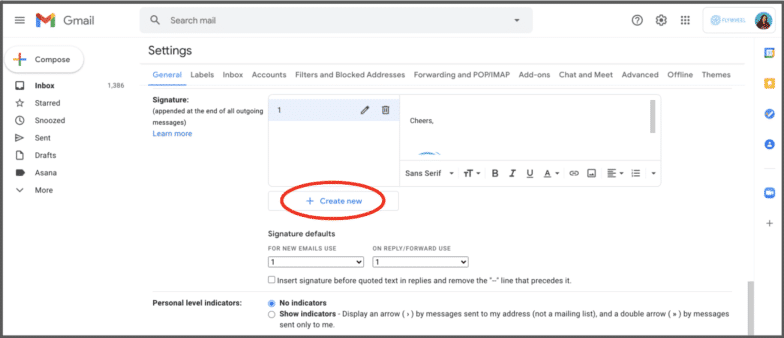 inside the General Settings of a Gmail inbox within the Signature section. a red circle around the Create New option