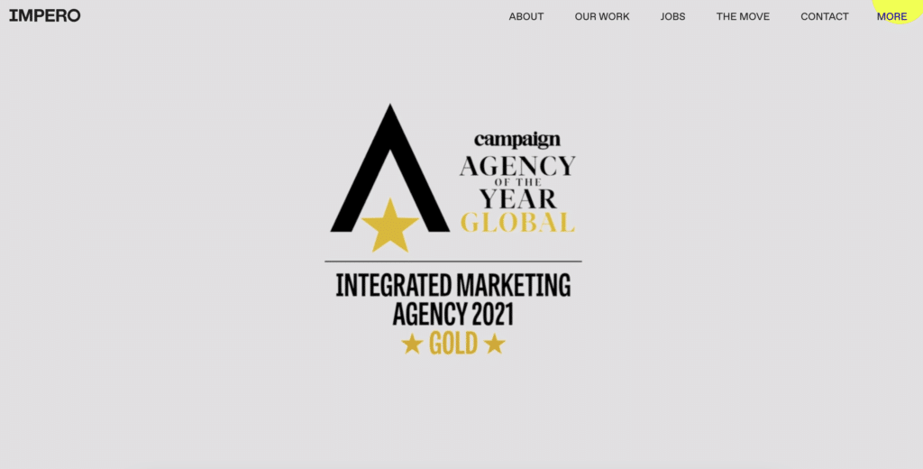 A screenshot of the homepage for Impero, one of the best agency websites