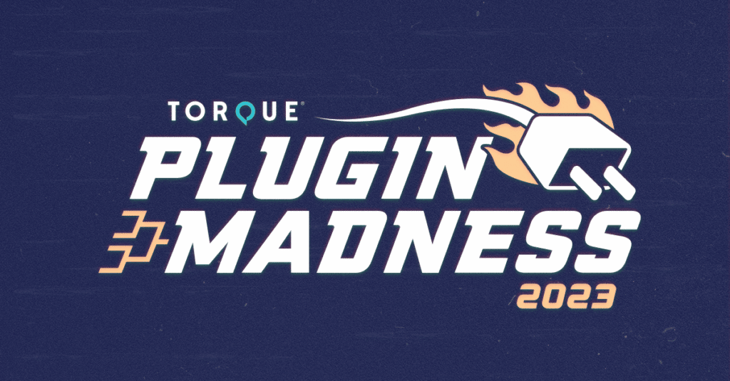 plugin madness promotional image for 2023 featuring a an icon of the male end of a plug with flames behind it, a bracket icon, and the Torque Magazine logo